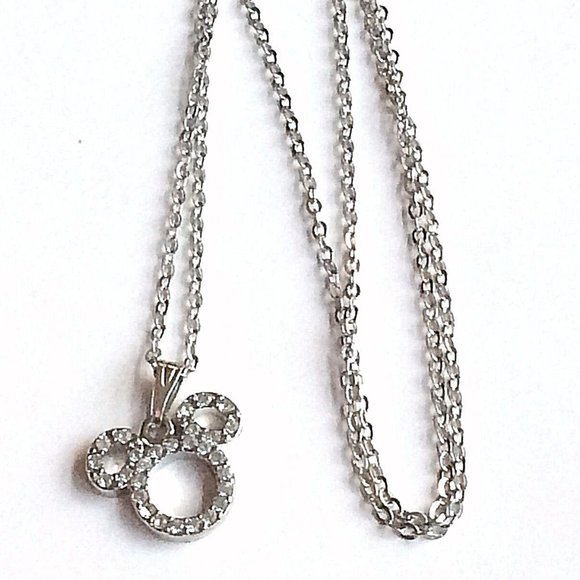 Disney Mickey Mouse Ears Necklace Disneyana Crystal Silver Plated 19" Signed - Picture 6 of 9